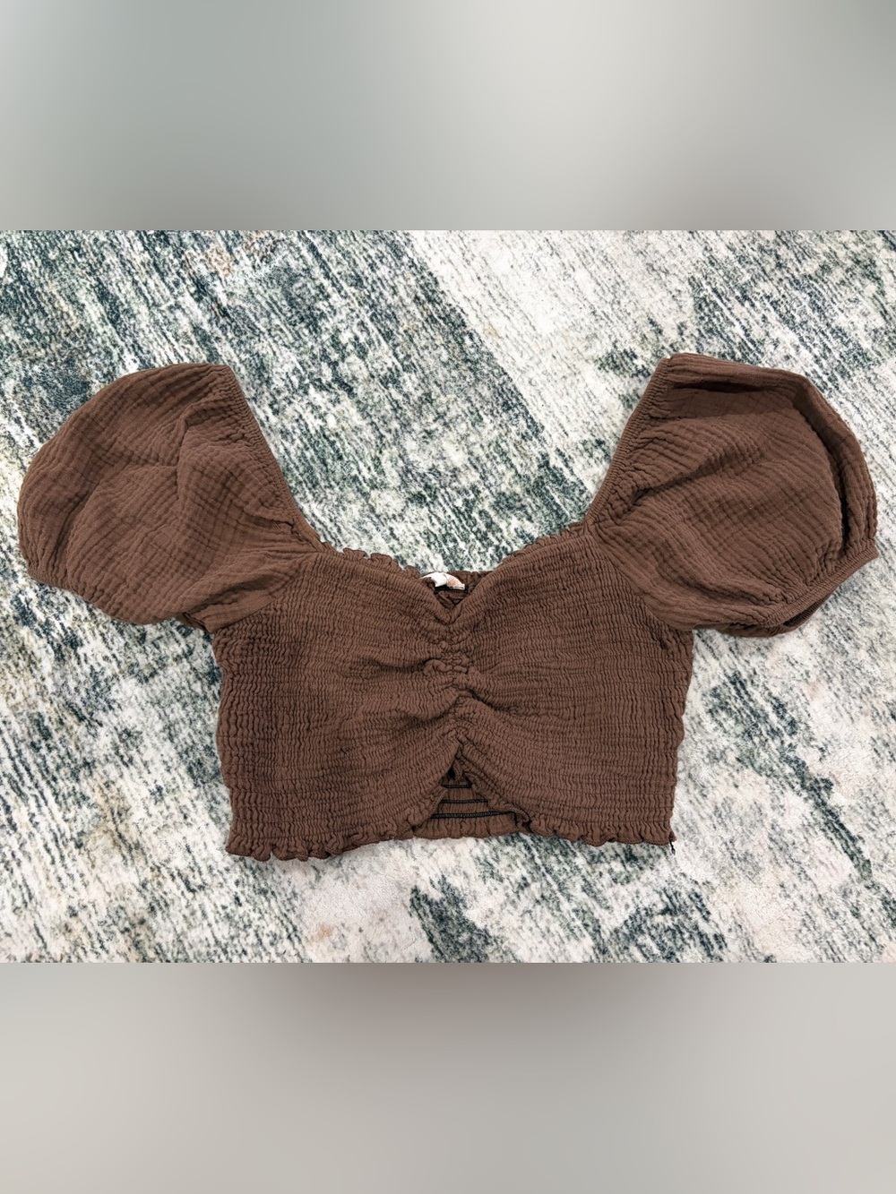 Altar’d State Brown Cotton Gauze Crop Top Women’s Medium M Puff Sleeve Smocked